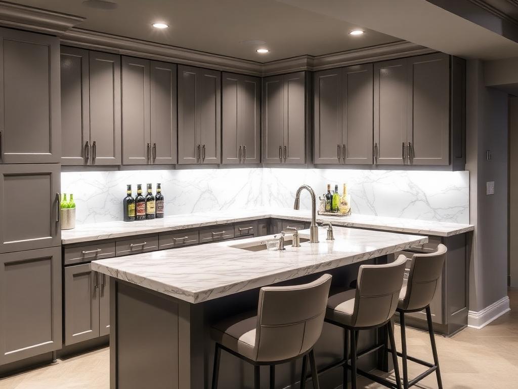 Basement wet bar with marble countertops